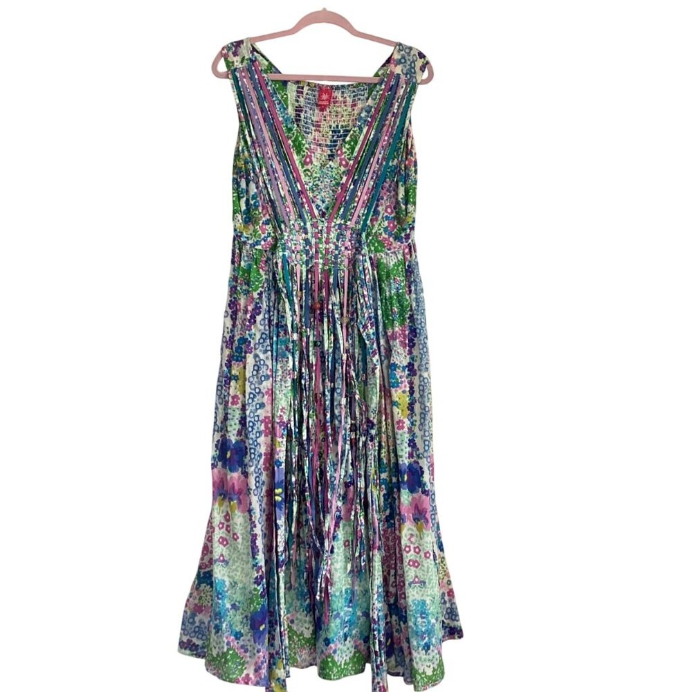 Sandy Starkman LOUNGEWEAR Size L FLOWER SUNDRESS Maxi Dress 100% cotton Indian C
